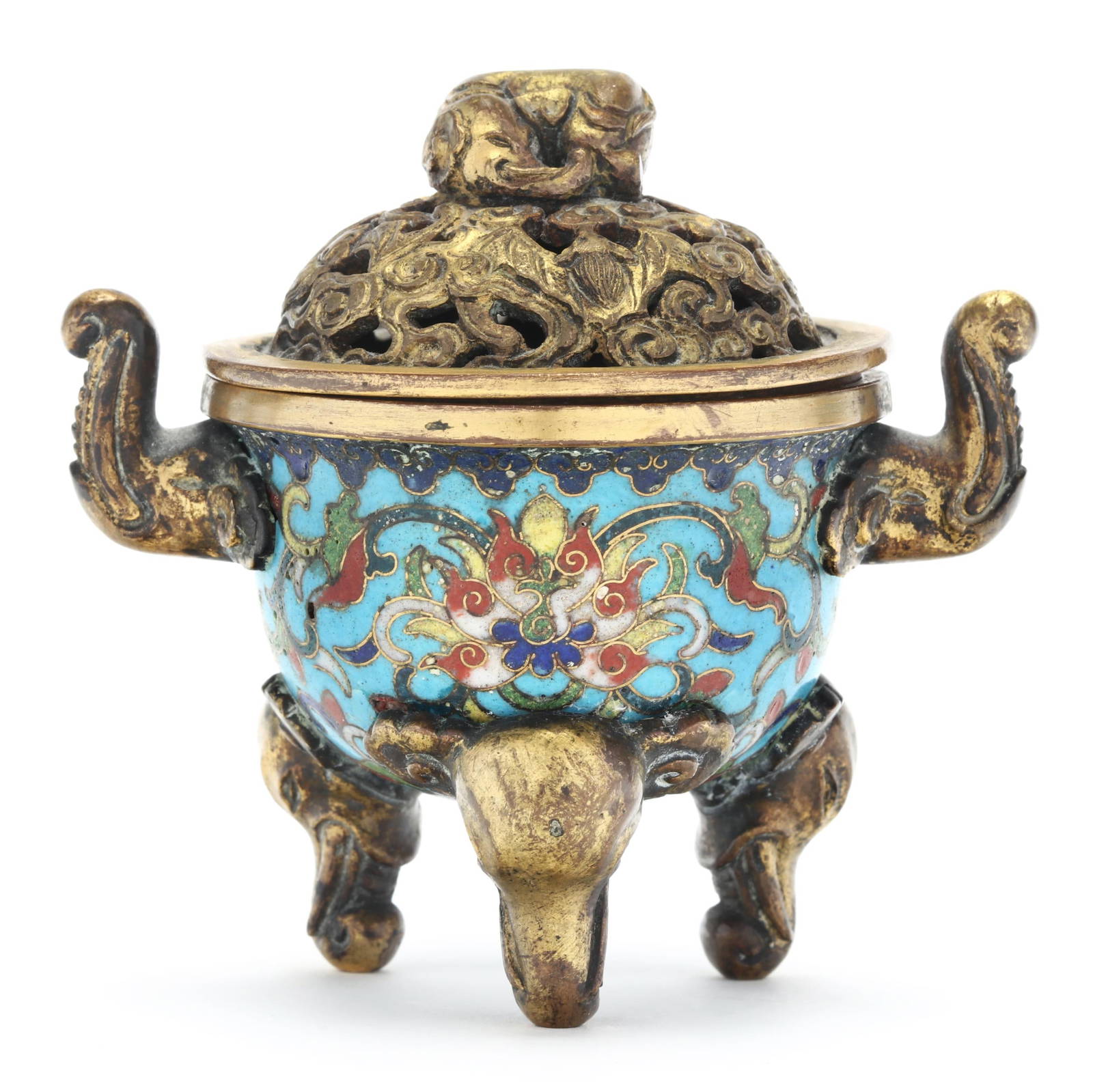 A Small Chinese Cloisonne Censer with Reticulated Cover
