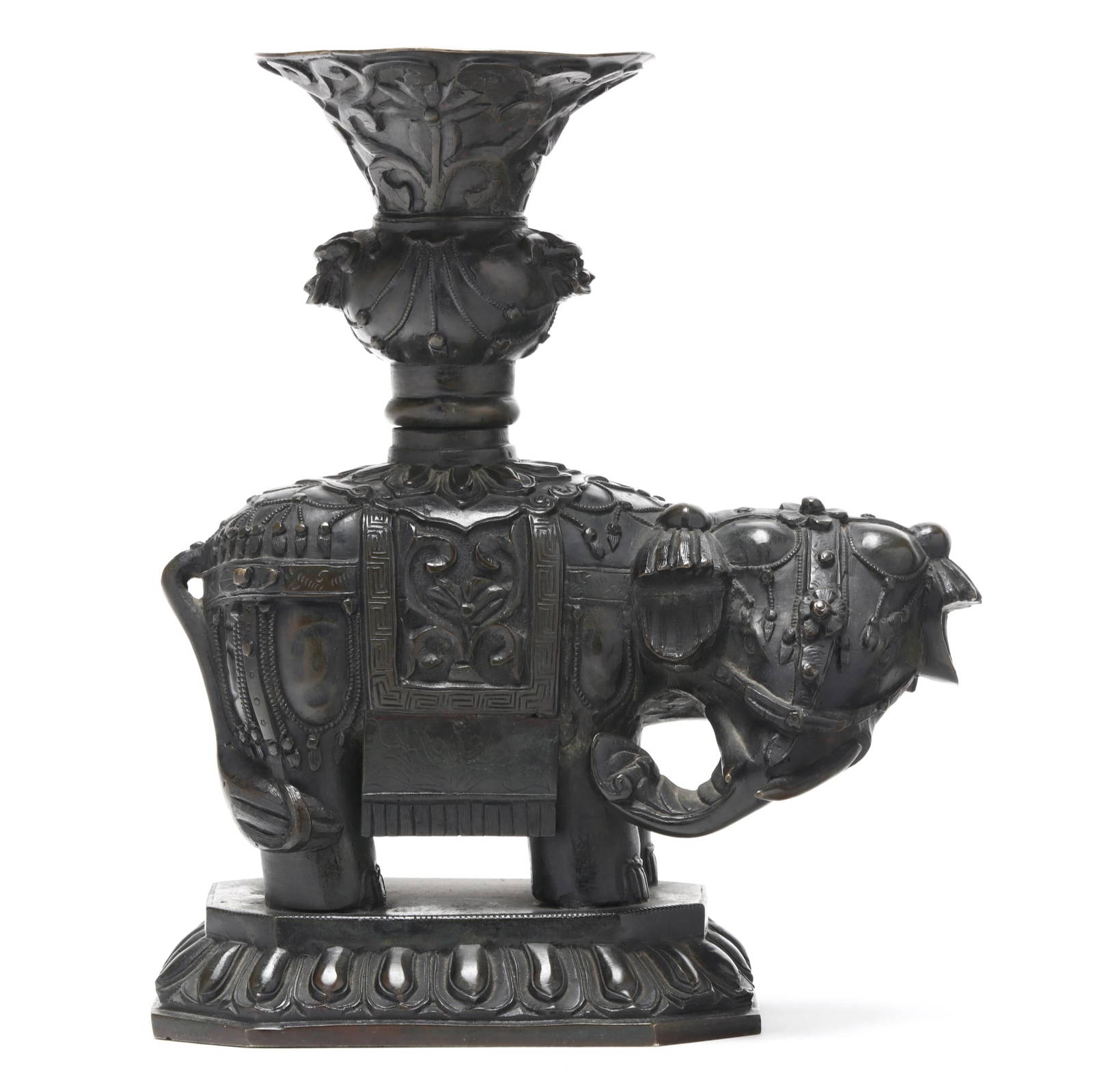A Chinese Bronze Elephant with Urn or Candle Holder