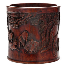 A Chinese Carved Wood Brush Pot with Horses under Pine Trees