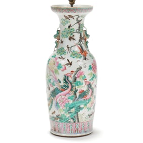 A Large Chinese Porcelain Famille Rose Double Phoenix Vase Lamp