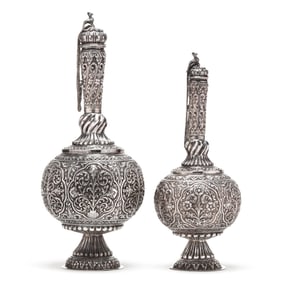 A Matched Pair of Indian Mughal Silver Water Flasks