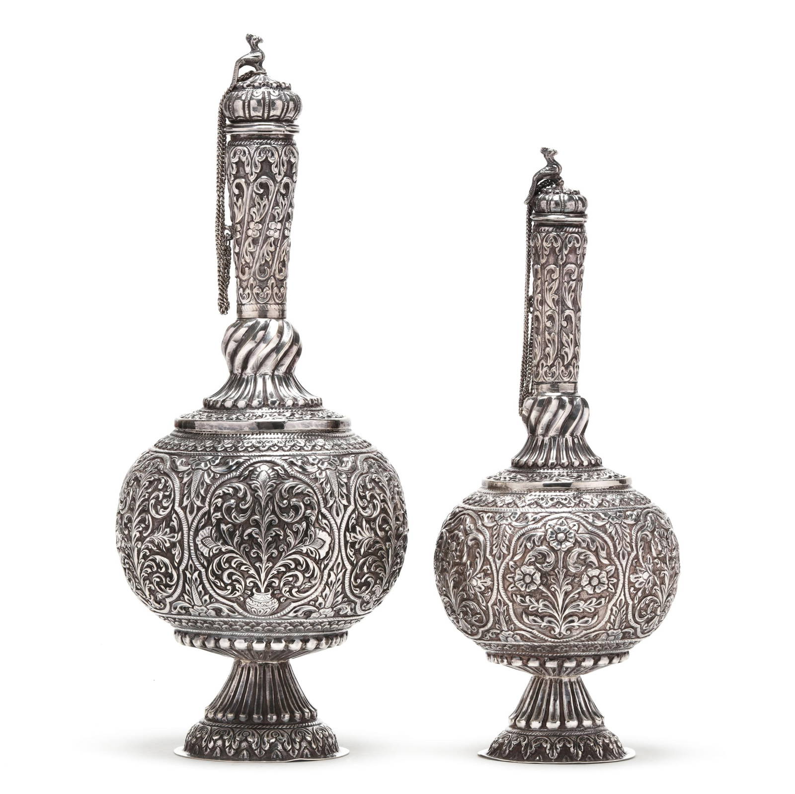 A Matched Pair of Indian Mughal Silver Water Flasks