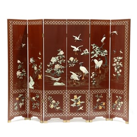 A Chinese Lacquer Six Panel Folding Screen with Inlay