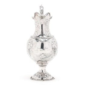 Large American Coin Silver Repousse Wine Ewer with Family Provenance