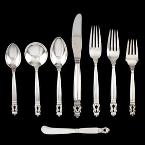 Large Georg Jensen Acorn Sterling Silver Flatware Service with Table Accessories