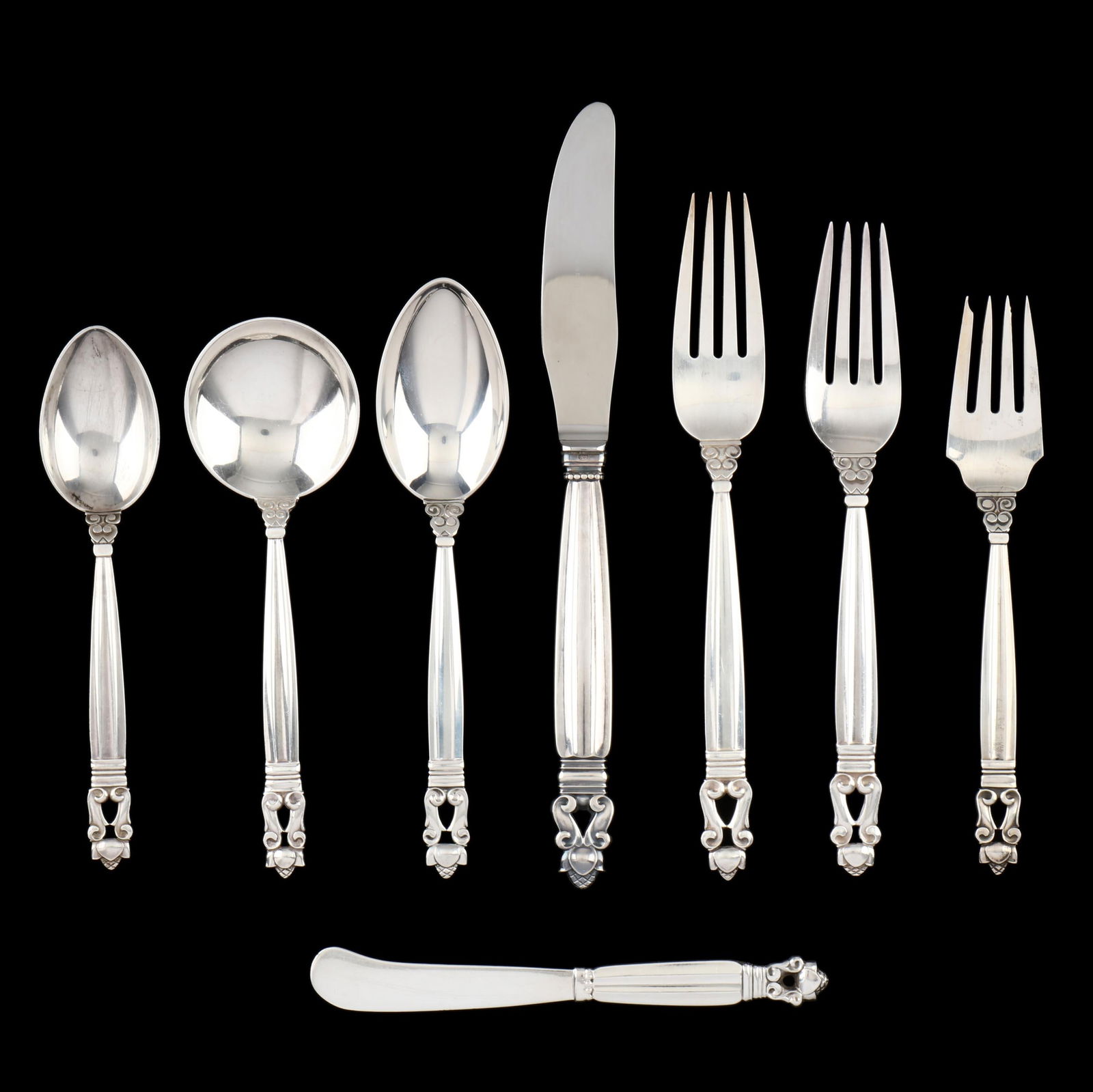 Large Georg Jensen Acorn Sterling Silver Flatware Service with Table Accessories: Large Georg Jensen Acorn Sterling Silver Flatware Service with Table Accessoriesdate marks ranging circa 1930s to mid- 20th century; (223) pieces to include: (12) knives (9 in.); (4) dinner forks (7 7