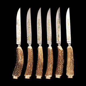 Cased Set of Six German Stag Handled Steak Knives