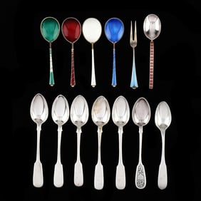 Group of Continental Silver Flatware, Including Enameled Pieces
