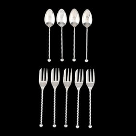 Set of Eight Dutch Silver Pastry Forks and Demitasse Spoons