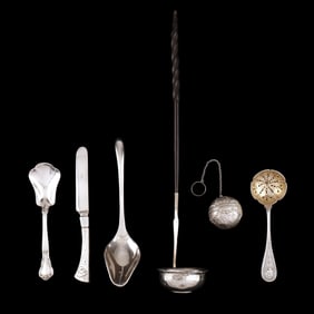 Five Silver Serving Pieces and a Tea Ball