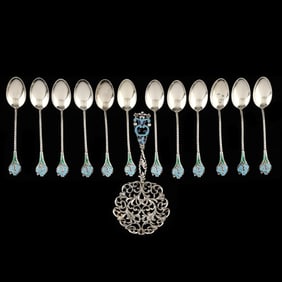 Assembled Set of Enameled Sterling Silver Spoons