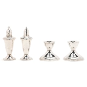 Pair of Sterling Silver Candlesticks and Salt and Pepper Shakers