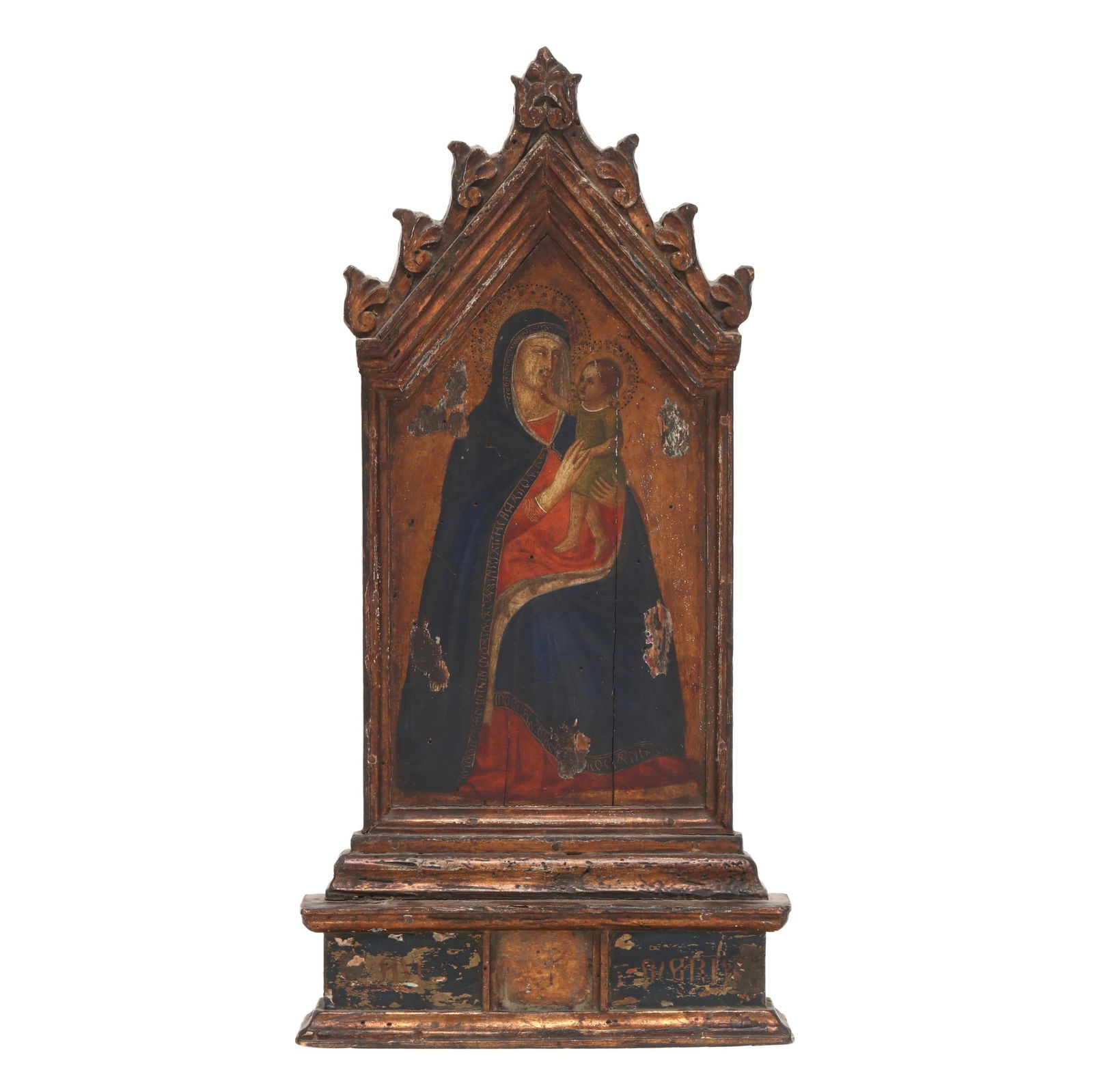 Antique Giltwood Icon of the Madonna and Child, after Pietro Lorenzetti (Italian, 1306-1348): Antique Giltwood Icon of the Madonna and Child, after Pietro Lorenzetti (Italian, 1306-1348)19th century or earlier, tempera or oil on panel, after the well known altarpiece Madonna and Child Enthrone