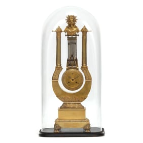 Charles X Gilt Bronze Lyre Swinger Mantel Clock in Glass Dome