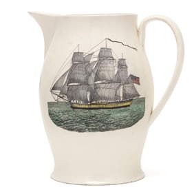 Large Commemorative Liverpool Creamware Pitcher,  Success to the Infant Navy of America