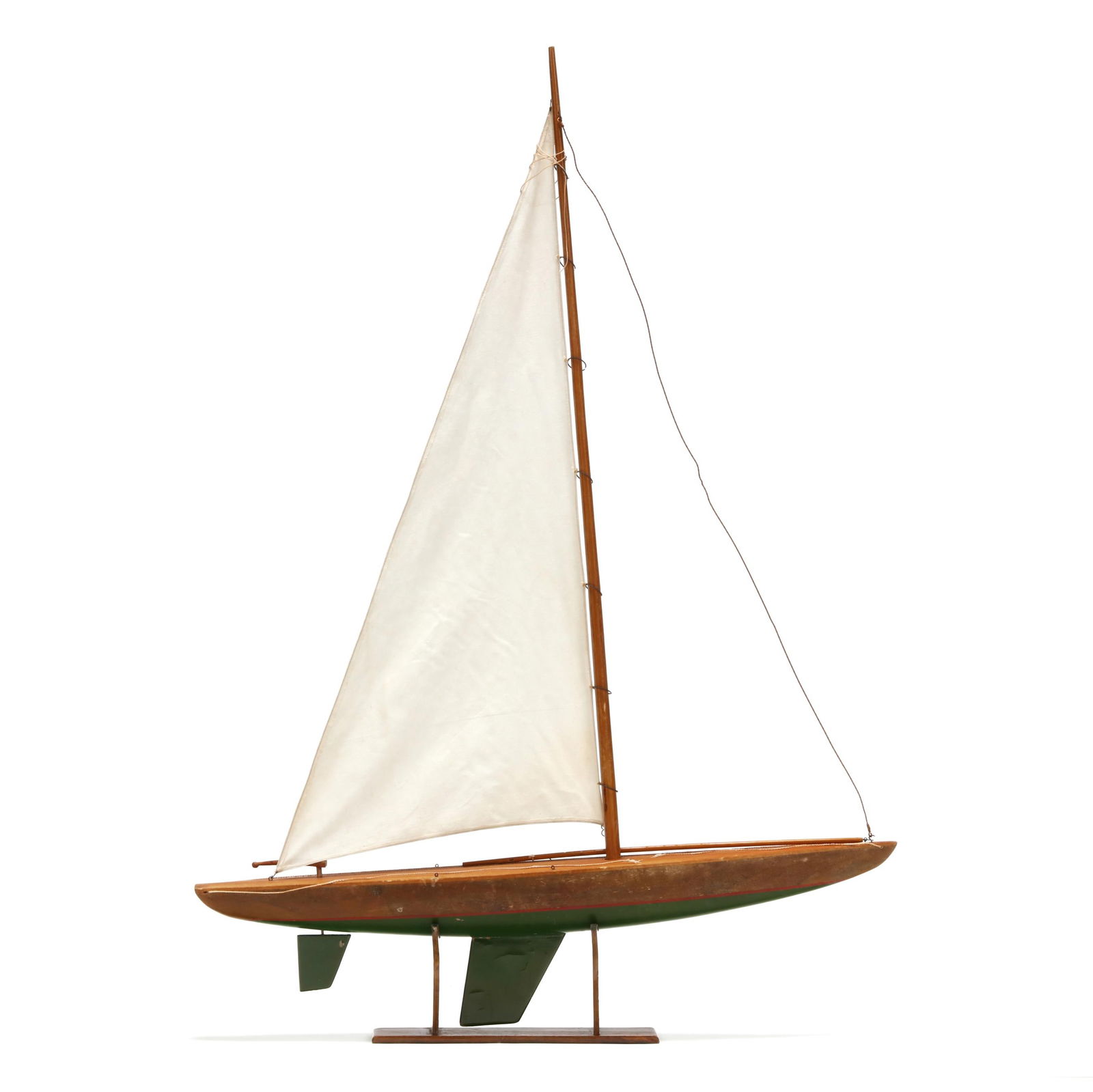 Authentic Models, Painted Wooden Model of a Yacht: Authentic Models, Painted Wooden Model of a Yachtlate 20th century, painted and lacquered wood, with wire, string, and fabric sails, labeled to the underside of the wooden display stand. 49 1/4 x 29 1