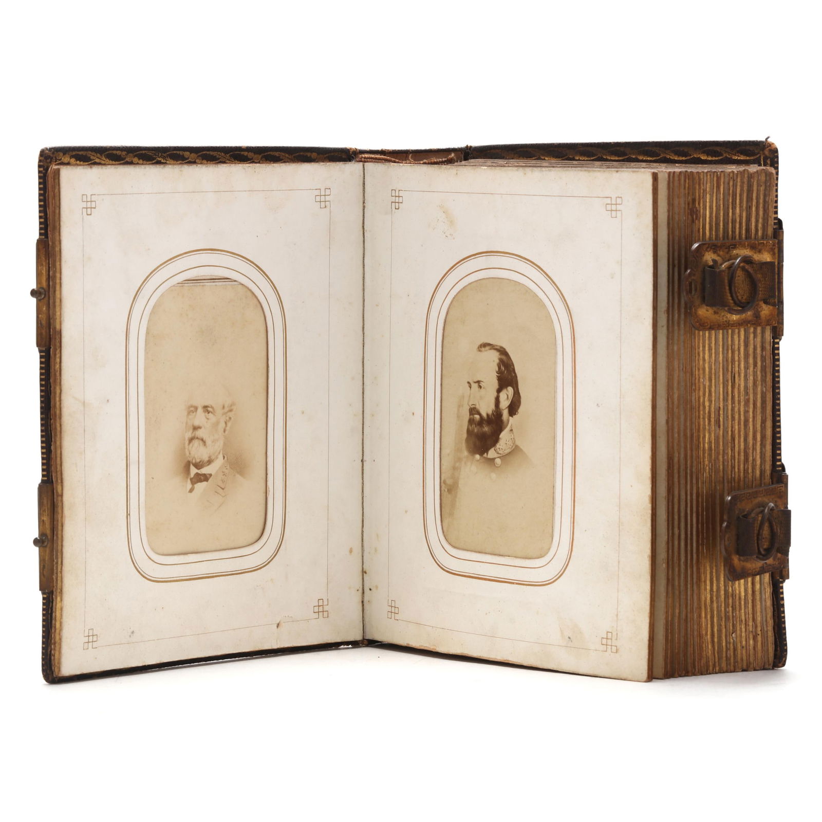 Southern Carte de Visite Album with Confederate Generals and Civilians: Southern Carte de Visite Album with Confederate Generals and Civilians the first image is a composite photograph with A. P. Hill, Richard Ewell, Braxton Bragg, Albert Sidney Johnson, John Magruder, St