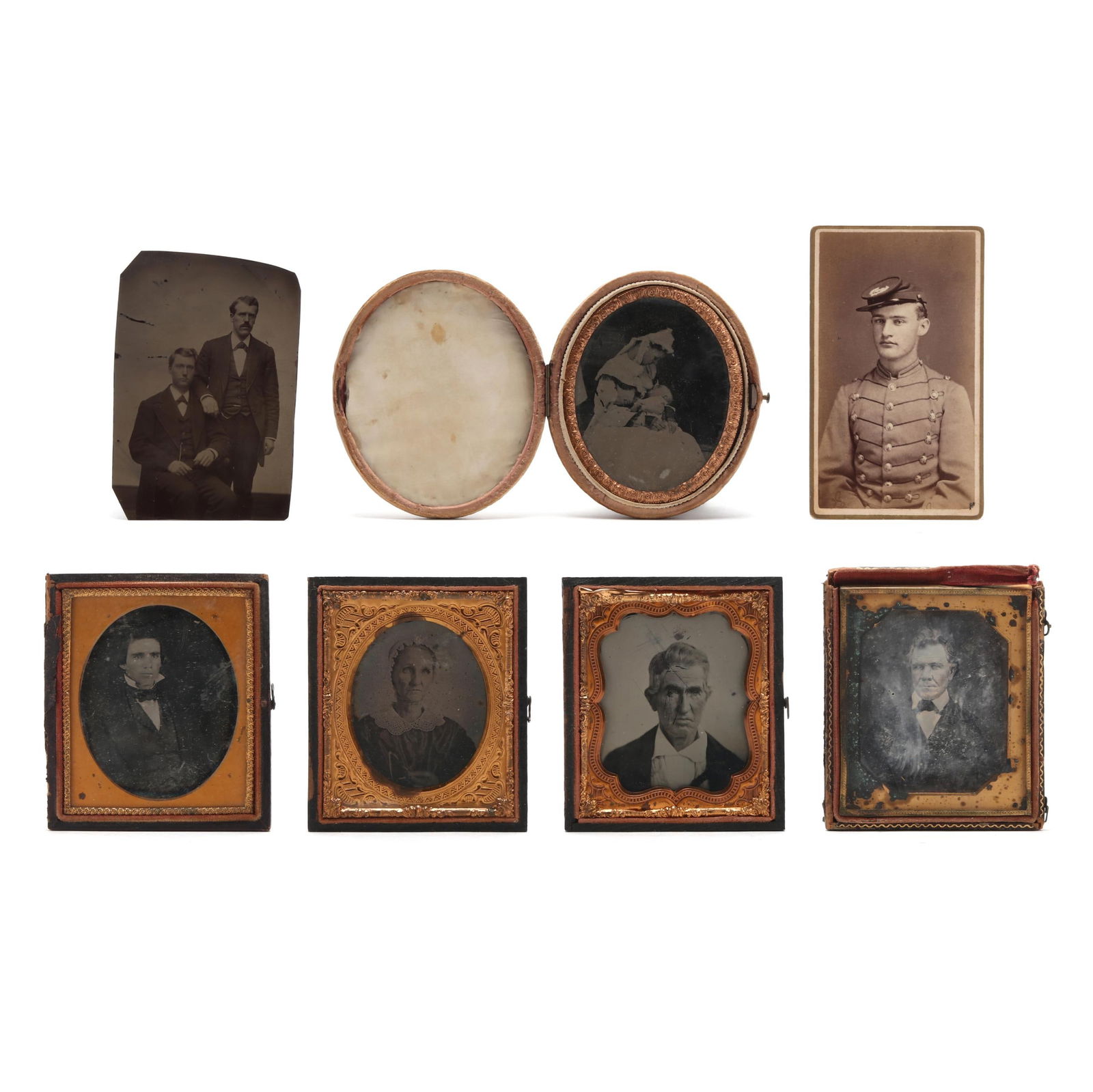 Seven 19th-Century Portrait Photographs: Seven 19th-Century Portrait Photographsto include: two (2) sixth plate daguerreotypes, one of a young man (with full 2-part case, lid loose, some marks to the image) and another of an older gentleman