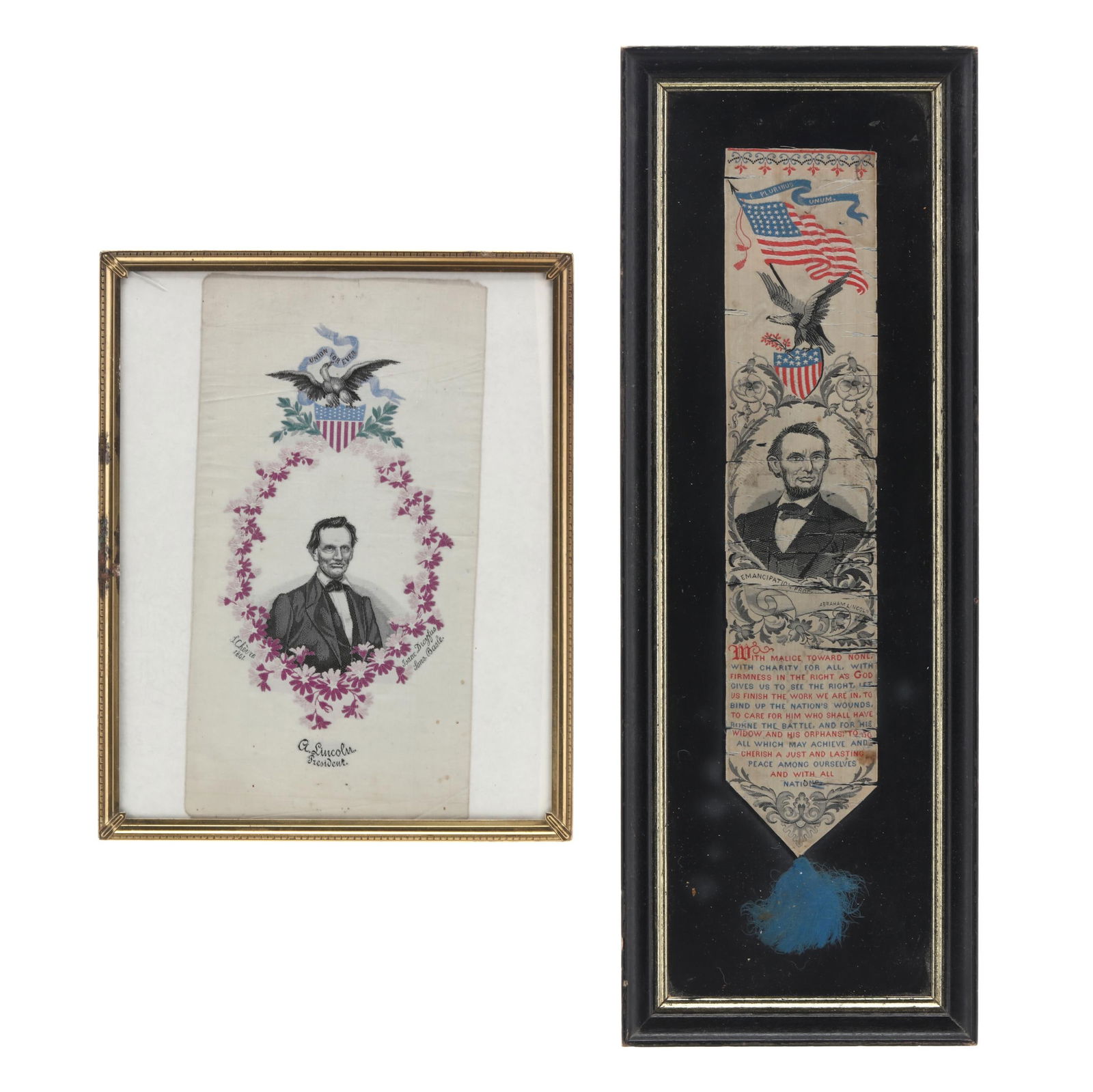 Two Period Silk Ribbons Celebrating Abraham Lincoln: Two Period Silk Ribbons Celebrating Abraham Lincolnthe first is a scarce oversize ribbon from 1861 designed by S. Chèvre and made by Isaac Dreyfus of Basel, Switzerland in order to celebrate Lincoln'
