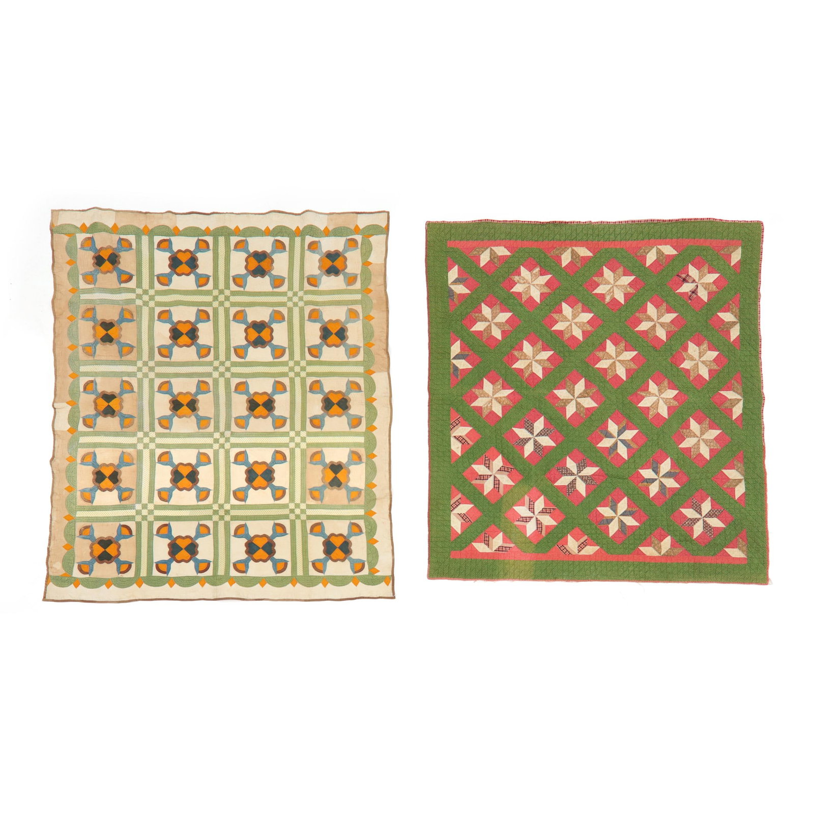 Two Handmade Antique American Quilts: Two Handmade Antique American Quiltsthe first: second half 19th century, cotton, the top with large stylized Rose of Sharon blocks with central orange and black quartered flower outlined in brown, rad