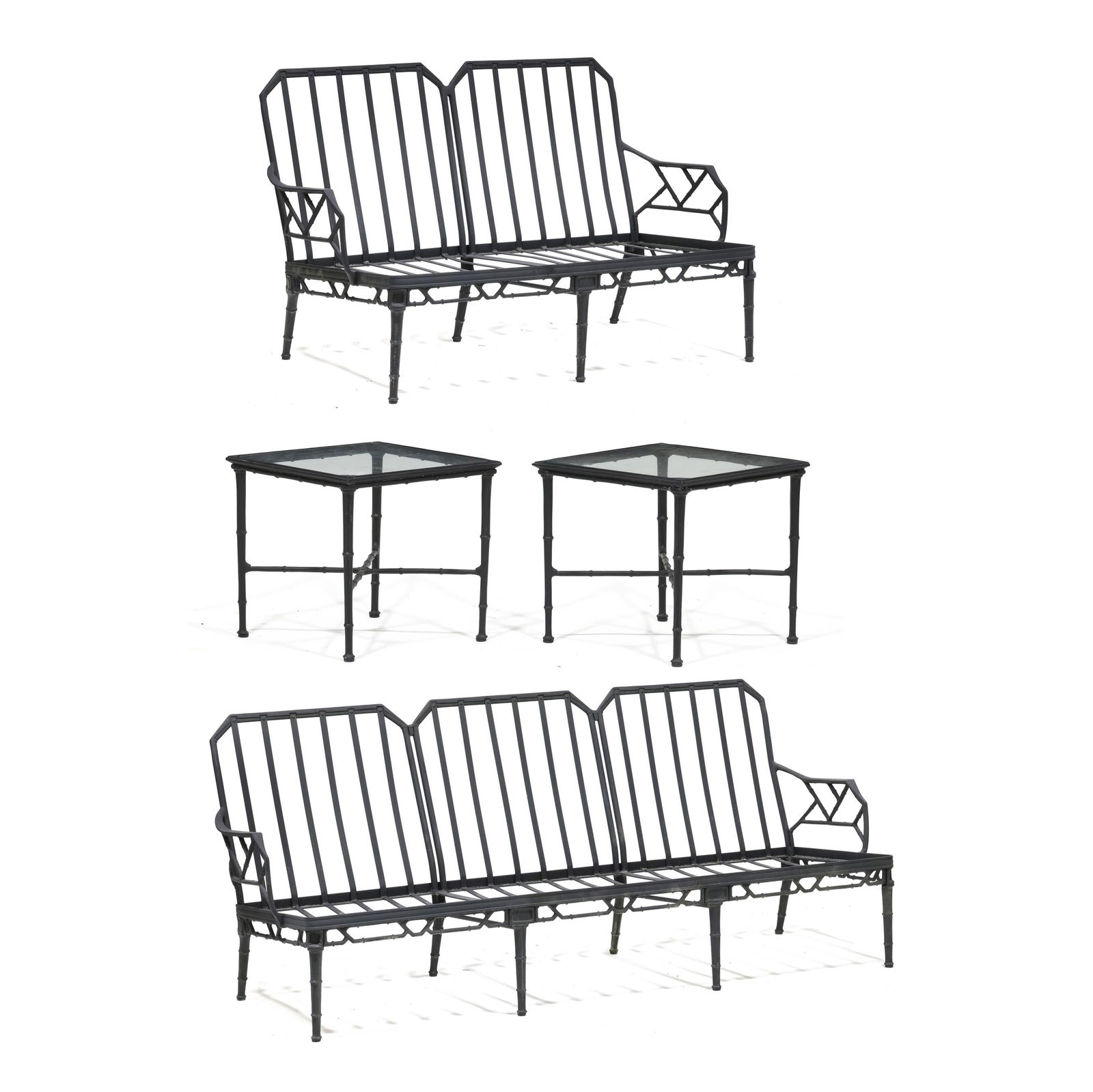 Brown Jordan, Calcutta Sofa, Settee and Pair of Side Tables: Brown Jordan, Calcutta Sofa, Settee and Pair of Side Tableslate 20th century, black painted aluminum, including a triple back sofa (32 x 76 x 29 in.); a double back settee (32 x 48 x 26 in.); and a pa