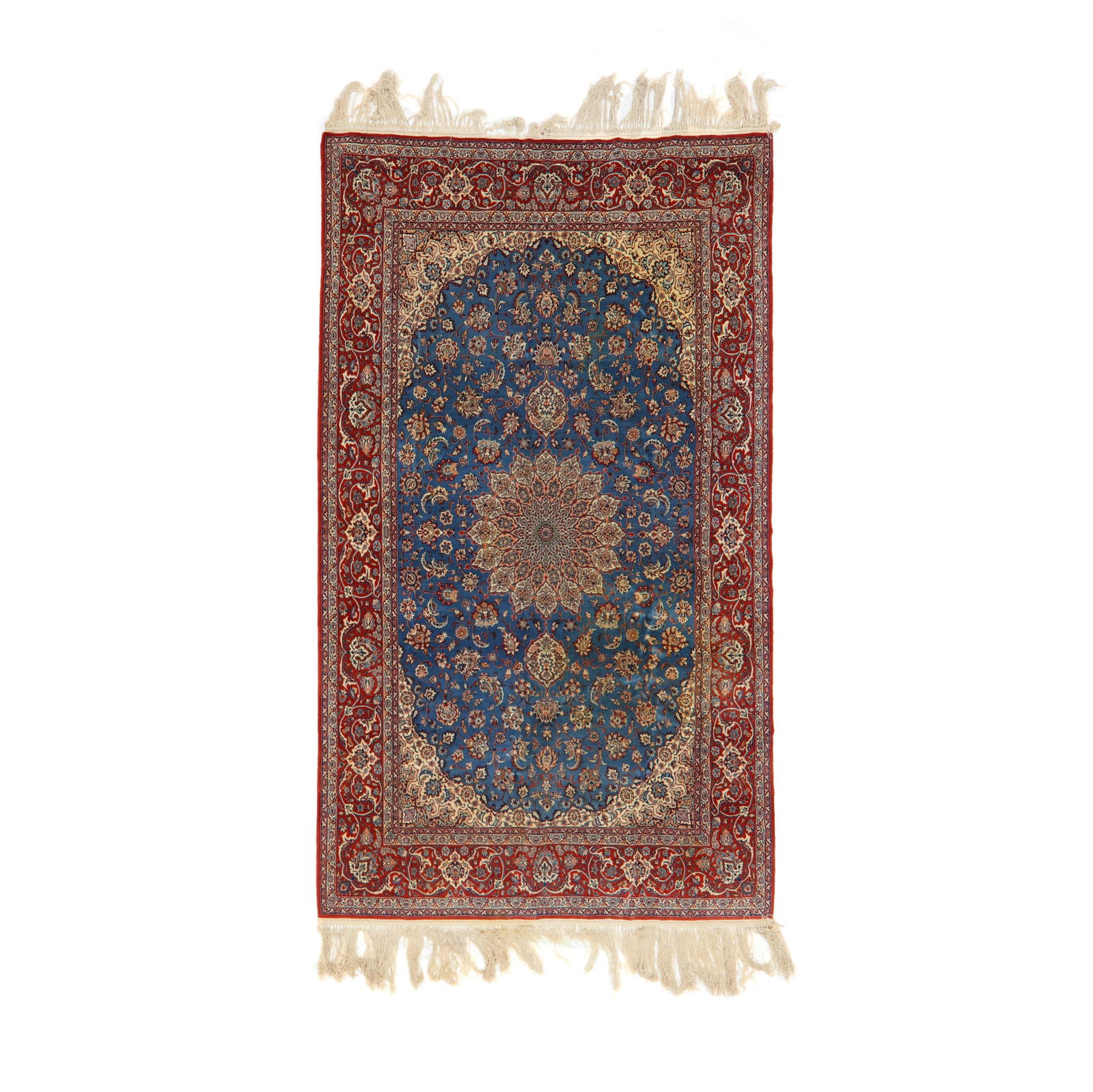 Persian Area Rug: Persian Area Rugwool on cotton foundation; finely knotted, the sky blue field with central lobed and poled medallion on a lattice of palmette motifs, with cream and multicolored spandrels, the main re