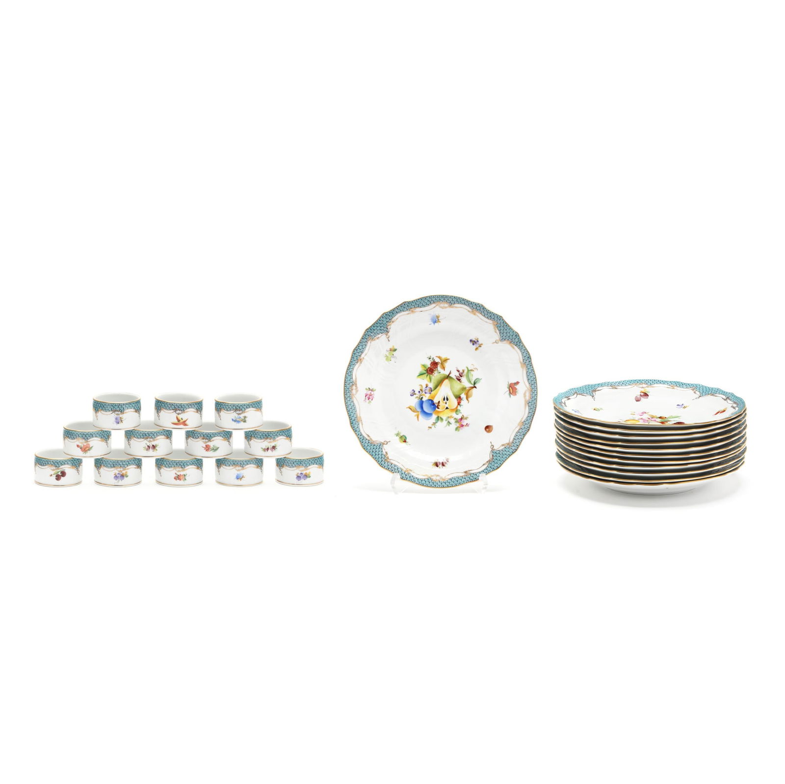Herend Fruits Composition with Turquoise Fish Scale, Twelve Porcelain Luncheon Plates and Napkin: Herend Fruits Composition with Turquoise Fish Scale, Twelve Porcelain Luncheon Plates and Napkin RingsHungary, 20th century, (24) piece set, hand-painted and gilt porcelain, including (12) luncheon pl