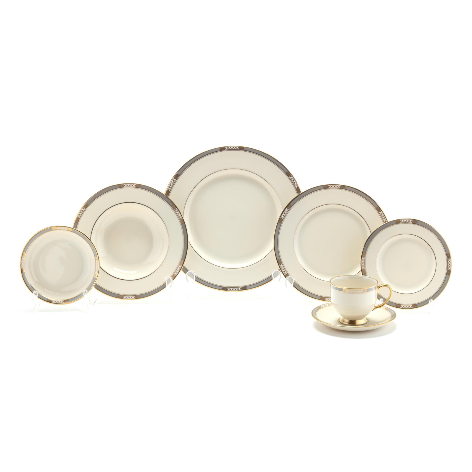 Lenox McKinley Presidential Porcelain Dinnerware: Lenox McKinley Presidential Porcelain Dinnerware(90) pieces, American, 1984-2005, all with gray rims, gilt accents, and raised white enamel dots, to include (16) dinner plates (10 1/2 in.); (16) salad