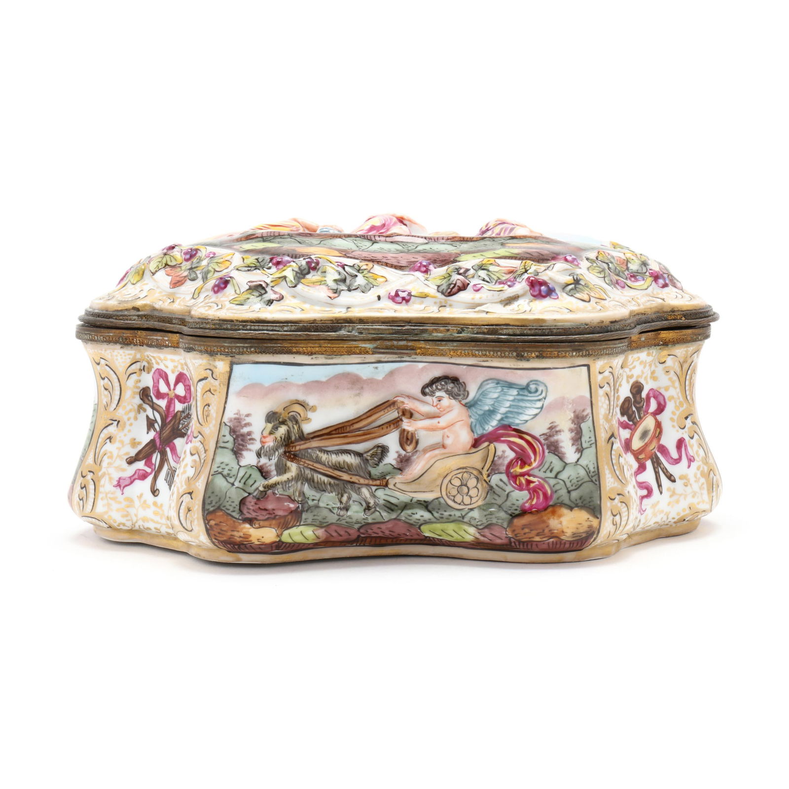 Capodimonte Porcelain Dresser Box: Capodimonte Porcelain Dresser Box Italy, late 19th century, hand-painted and gilt porcelain hinged box with bas-relief mythical scenes, with cobalt "N" and crown mark to underside. 4 x 8 1/2 x 7 in.