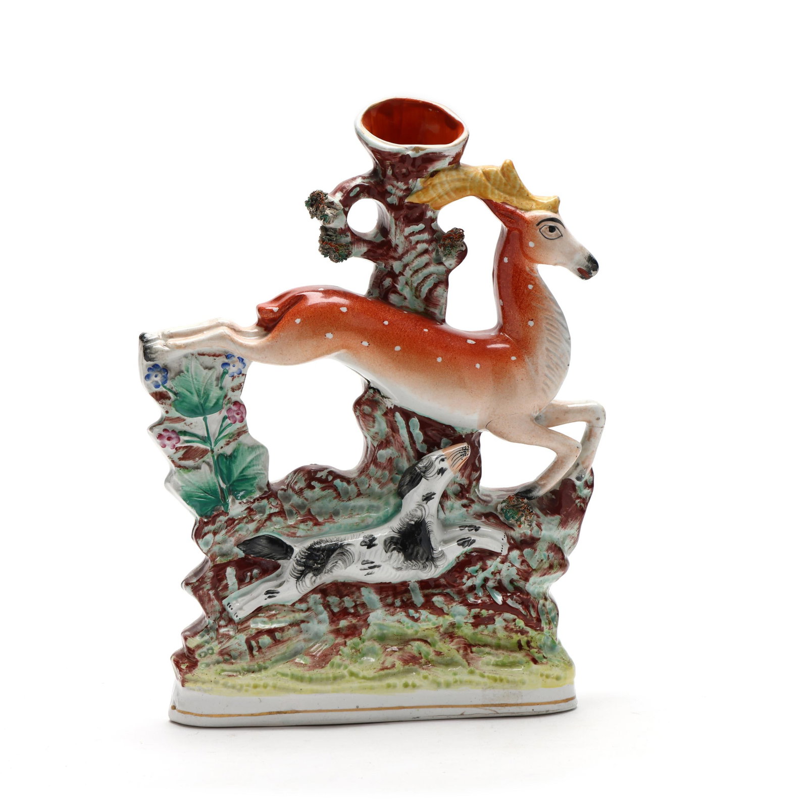Staffordshire Spill Vase with Leaping Fawn: Staffordshire Spill Vase with Leaping FawnEngland, second half 19th century, hand-painted and gilt pearlware, with leaping fawn and chasing dog, unmarked. 11 1/2 x 8 1/2 x 3 1/2 in. Additional high-r