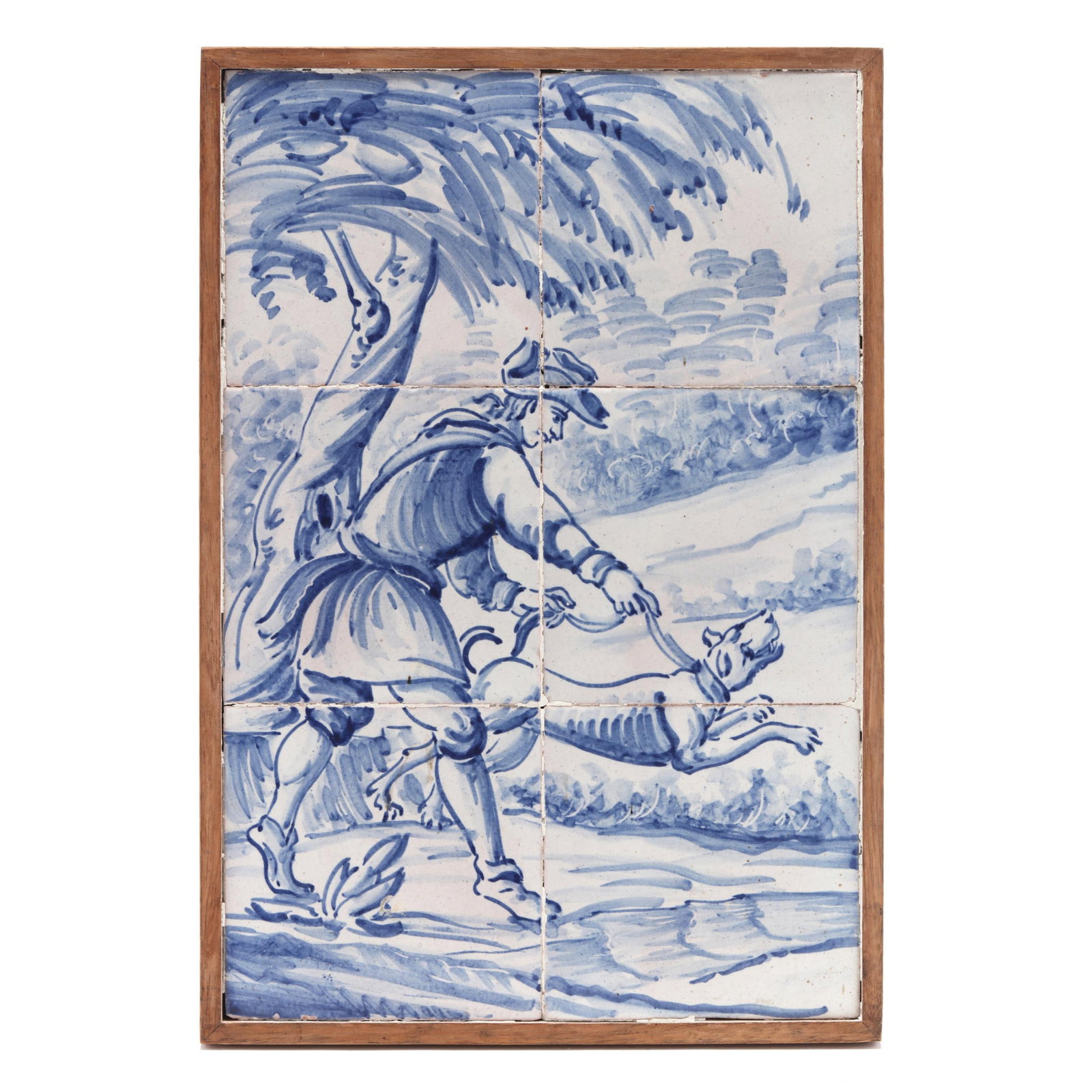 Framed Dutch Delft Hunt Scene Tile Plaque: Framed Dutch Delft Hunt Scene Tile Plaque likely 20th century, possibly earlier, tin-glazed earthenware, unsigned, six-tile scene decorated in cobalt depicting a valet and hunting dog on the chase. Fr