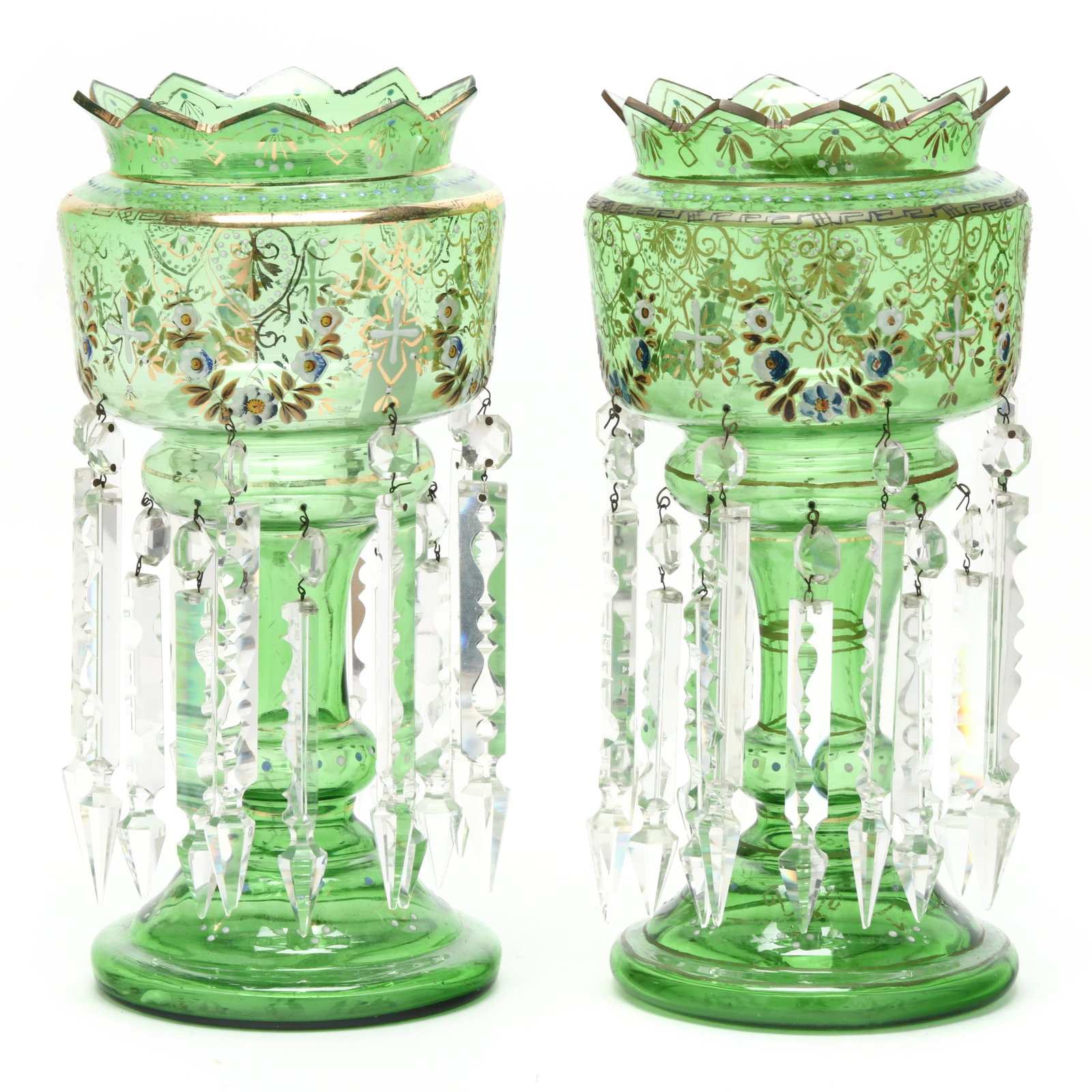 Pair of Bohemian Green Glass Mantel Lusters (1 of 6)