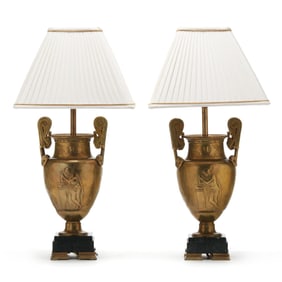 Pair of Brass and Marble Neo-Grec Style Urn Table Lamps with Shades