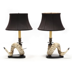 Pair of Faux Ram's Horn Table Lamps with Shades