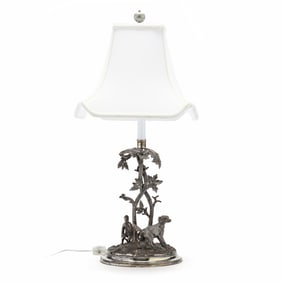 James Deakin & Sons Silver-Plated Hunting Scene Table Lamp with Shade