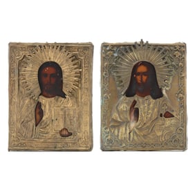 Two Antique Eastern Orthodox Oklad Icons of Christ