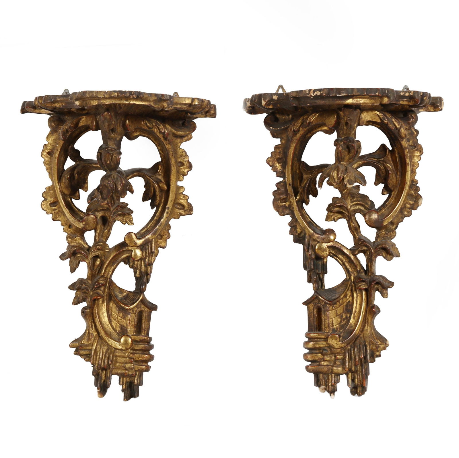 Pair of Chinese Chippendale Style Gilt Wall Brackets: Pair of Chinese Chippendale Style Gilt Wall Bracketsearly 20th century, carved and gilt wood brackets with Chinese style huts towards base and rocaille motifs throughout, unmarked. 13 1/4 x 9 x 6 1/4