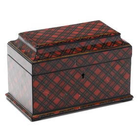 Antique Mahogany "Stuart" Tartanware Tea Caddy