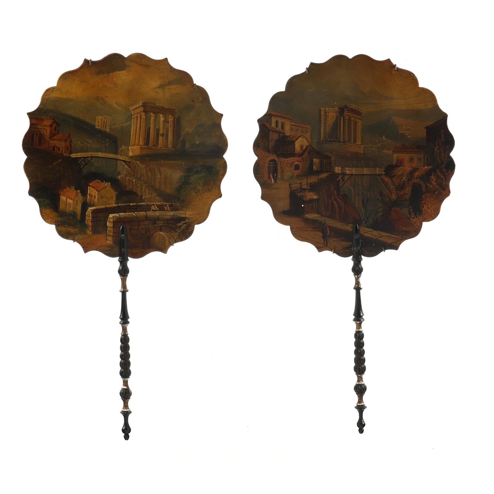 Pair of Victorian Papier M√¢ch√© Face Screens: Pair of Victorian Papier Mâché Face Screensmid- to late 19th century, black lacquer papier mâché screens with carved and gilt handles, each painted with capriccio to one side, one signed to lower
