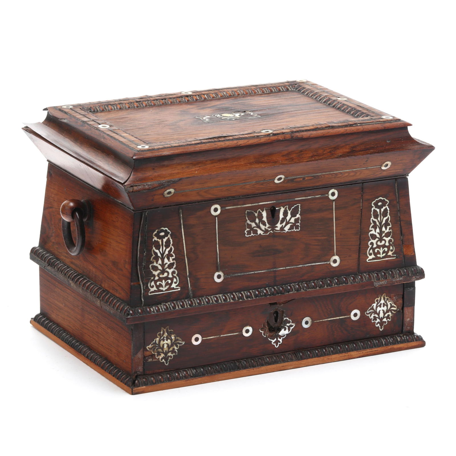 William IV Inlaid Rosewood Sewing Casket: William IV Inlaid Rosewood Sewing Casketcirca 1840, rosewood veneer, mother of pearl inlays, hinged paneled lid, interior with removable divided tray, blue paper liner, lower flush drawer opens to rev