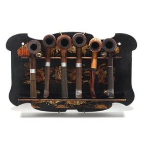 Black Lacquer Chinoiserie Pipe Rack with Six Wood Pipes