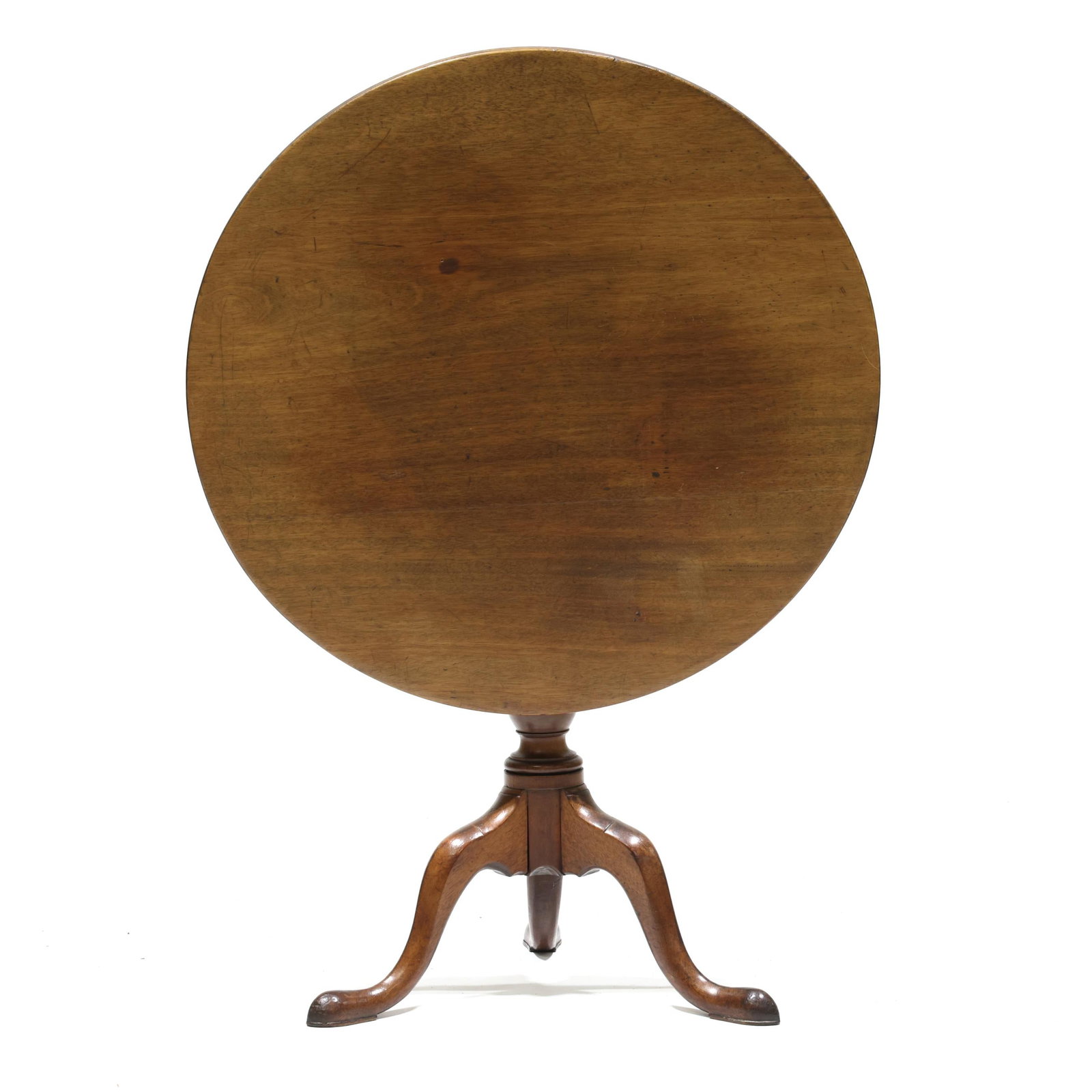 George III Mahogany Tilt Top Tea Table: George III Mahogany Tilt Top Tea Tablecirca 1800, circular top with reeded edge, batten and oak block support, urn turned standard, tripod base with cabriole legs on snake pad feet. 28 x 32 x 31.5 in.
