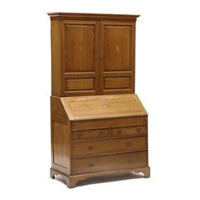 Antique English Inlaid Oak Bureau Bookcase