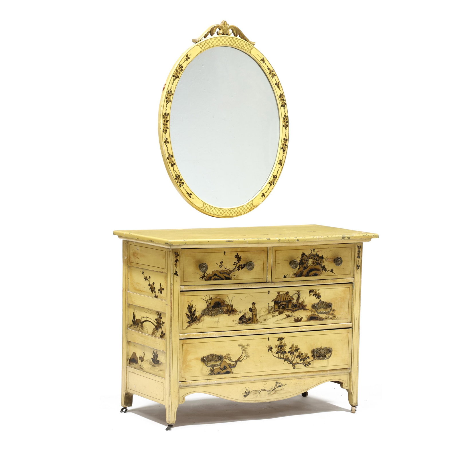 Chinoiserie Decorated Victorian Cottage Chest with Mirror: Chinoiserie Decorated Victorian Cottage Chest with Mirrorlate 19th century, two over two drawer chest with serpentine top accompanied by an oval mirror all with later Chinoiserie painted decoration wi
