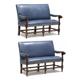 Hancock & Moore, Pair of Leather Upholstered Barley Twist Settees