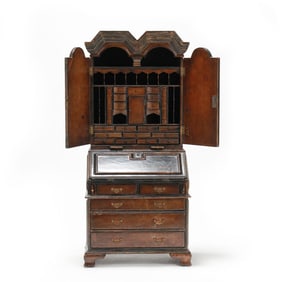 Maitland Smith, Child-Size Chippendale Style Leather Wrapped Bureau and Bookcase