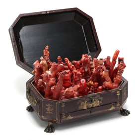 A Collection of Branch Coral in an Antique Chinese Lacquered and Gilt Box
