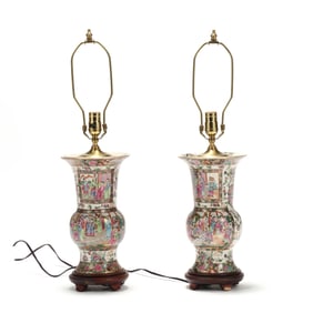 A Pair of Chinese Export Porcelain Rose Medallion Vase Lamps