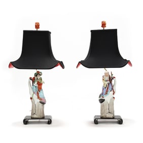 A Pair of Chinese Porcelain Daoist Immortal Figural Table Lamps