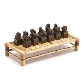 A Set of Twelve Zodiac Bronze Animals Seals with Bone Bamboo Tray